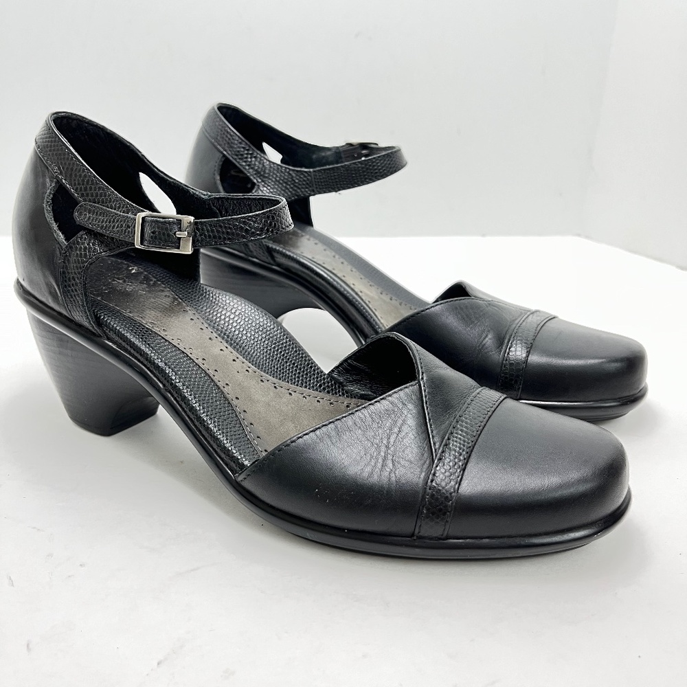 DANSKO Black Genuine Leather Chunky High Heels Ankle Strap Reptile Shoes sz 39